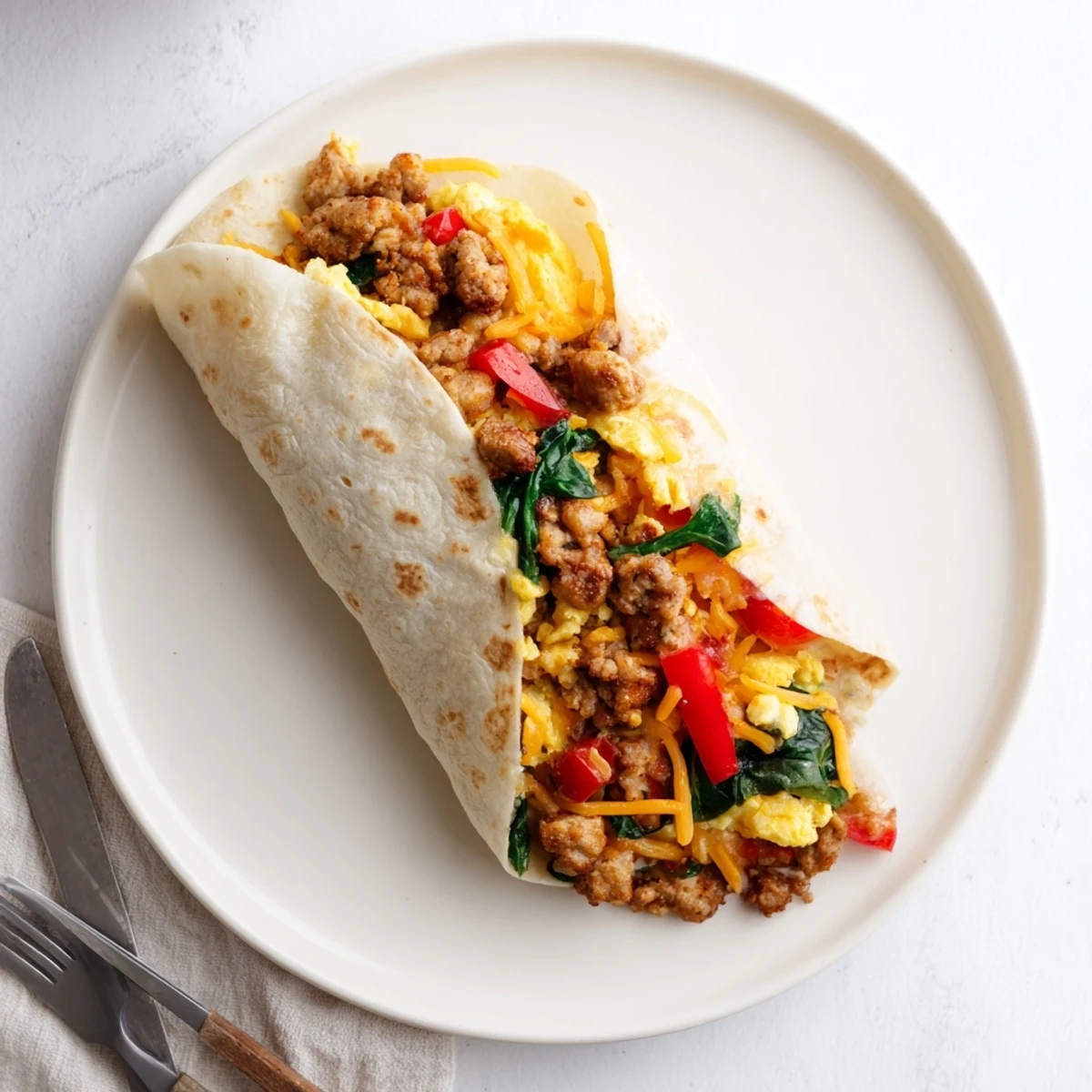 Rolled breakfast burritos filled with scrambled eggs, peppers, and cheese ready for freezing