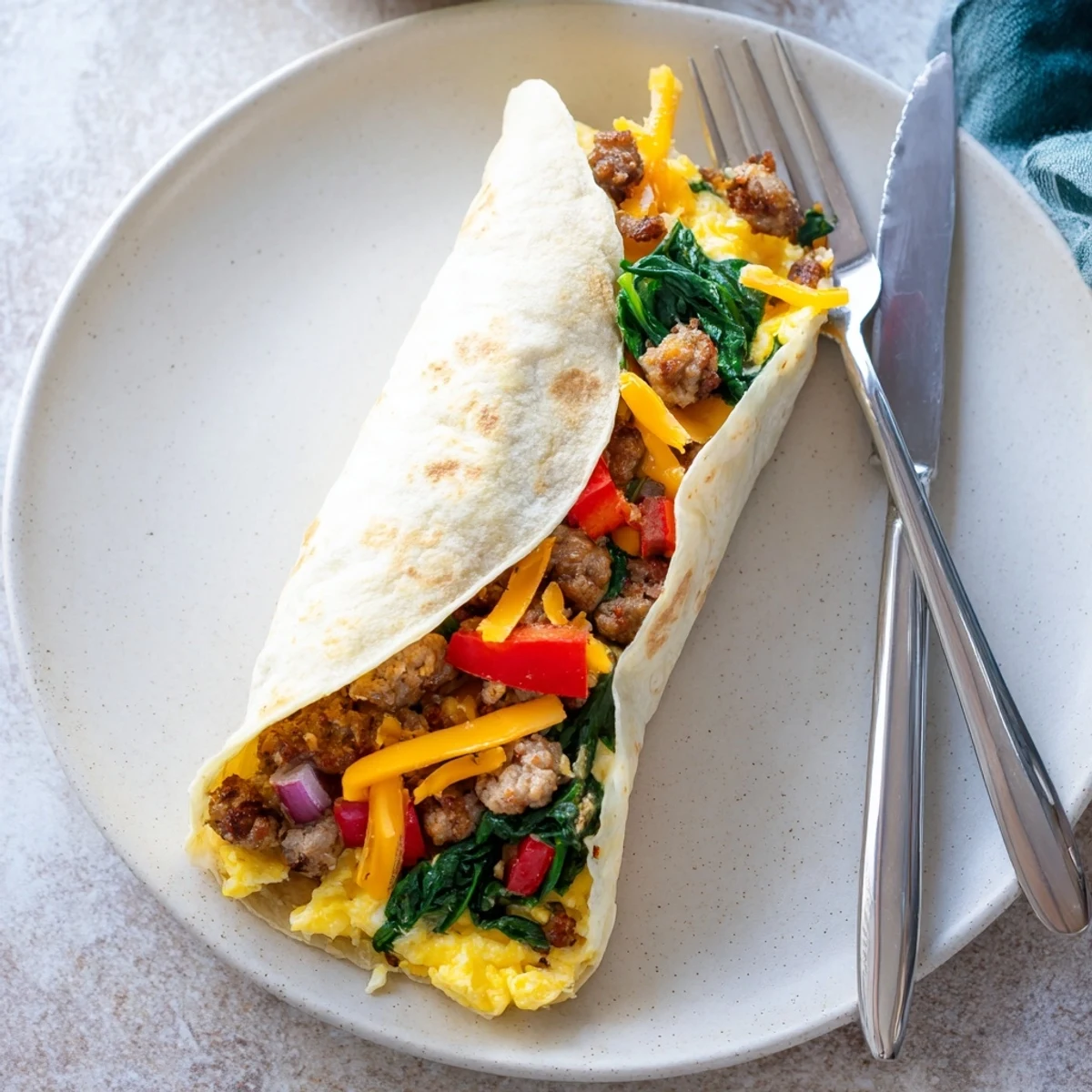 Warm flour tortillas wrapped around cheesy eggs and sausage for easy grab-and-go breakfast