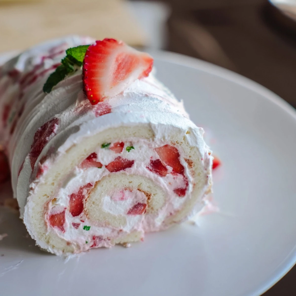 Whimsical strawberry shortcake sushi rolls featuring vanilla cake, whipped cream, and fresh strawberries on a white plate