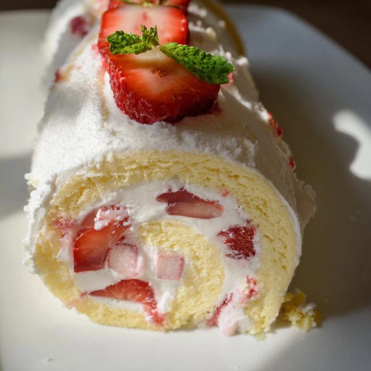 Playful dessert sushi with soft vanilla sponge cake, sweet diced strawberries, and fluffy whipped cream filling