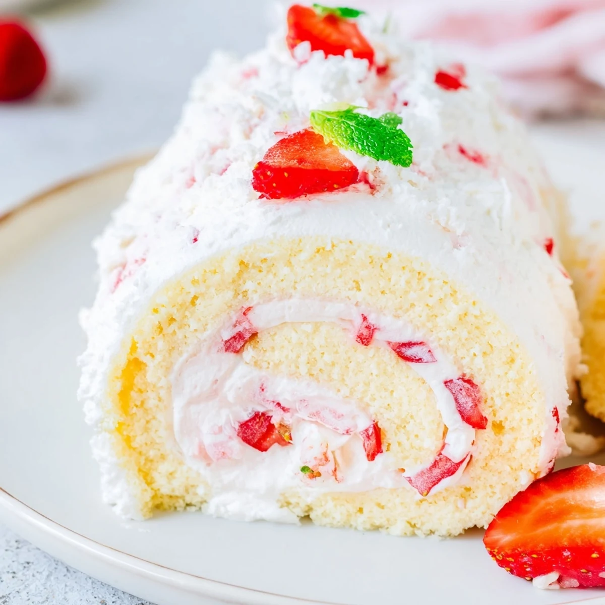 Elegant strawberry shortcake sushi pieces topped with sliced fresh strawberries and optional mint garnish