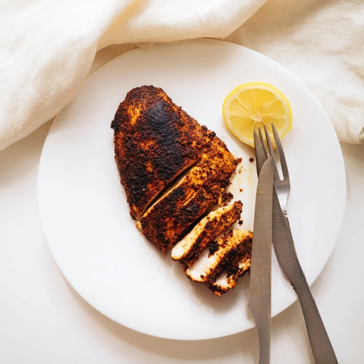 Golden brown blackened chicken breast with dark spicy crust on white plate