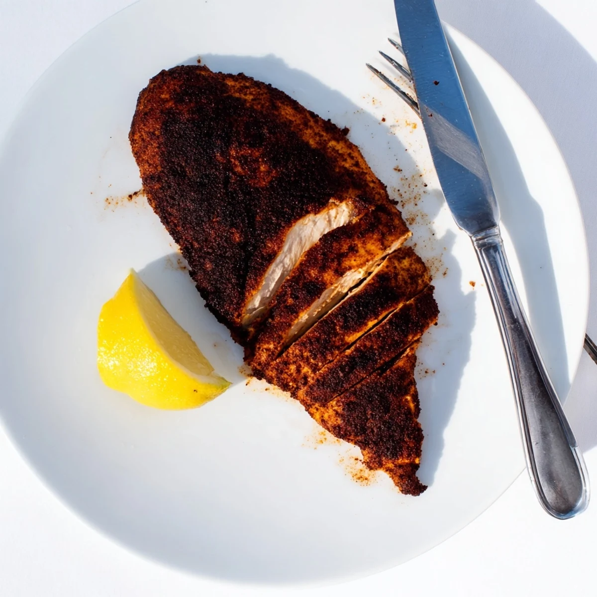 Juicy blackened chicken sliced open showing tender white meat with charred seasoning