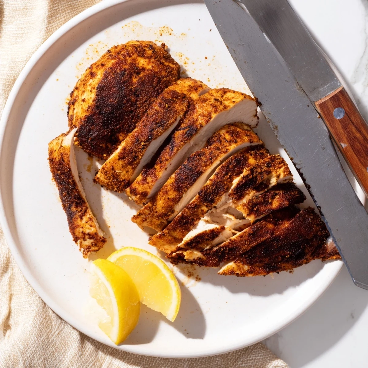 Cast iron skillet blackened chicken with caramelized exterior and fresh lemon wedge