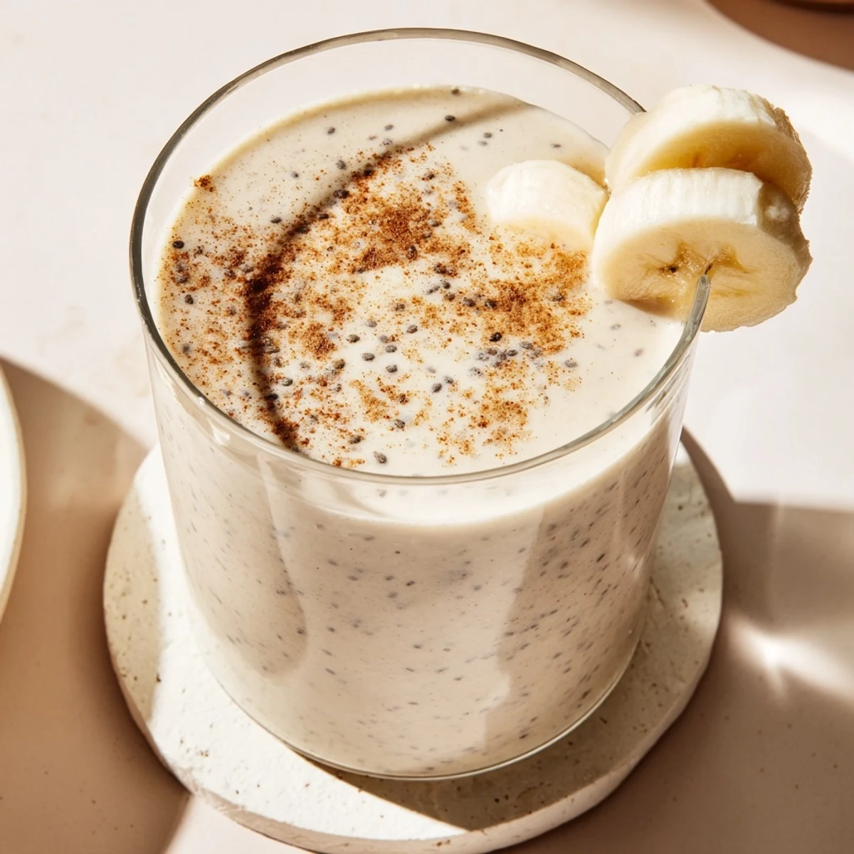 Creamy Greek yogurt banana smoothie poured into a tall glass with fresh banana slices on top