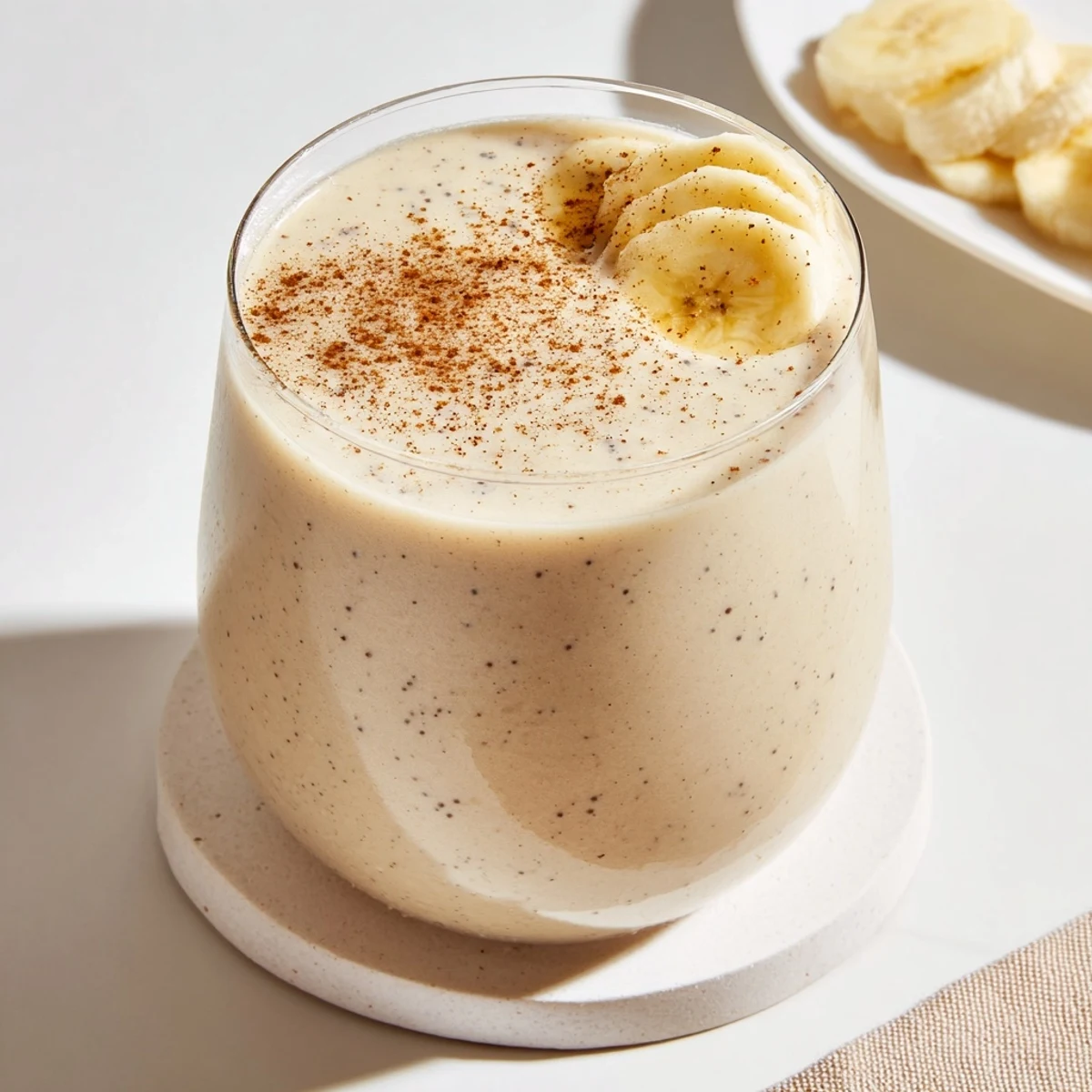 Thick banana and Greek yogurt smoothie blended until smooth with a garnish of cinnamon