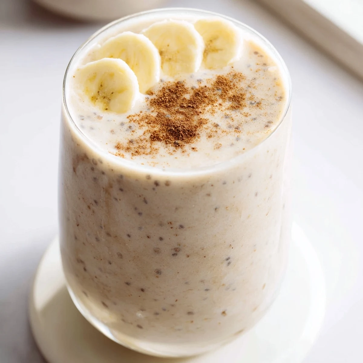 Healthy Greek yogurt banana smoothie in a clear glass showing the creamy texture and golden color