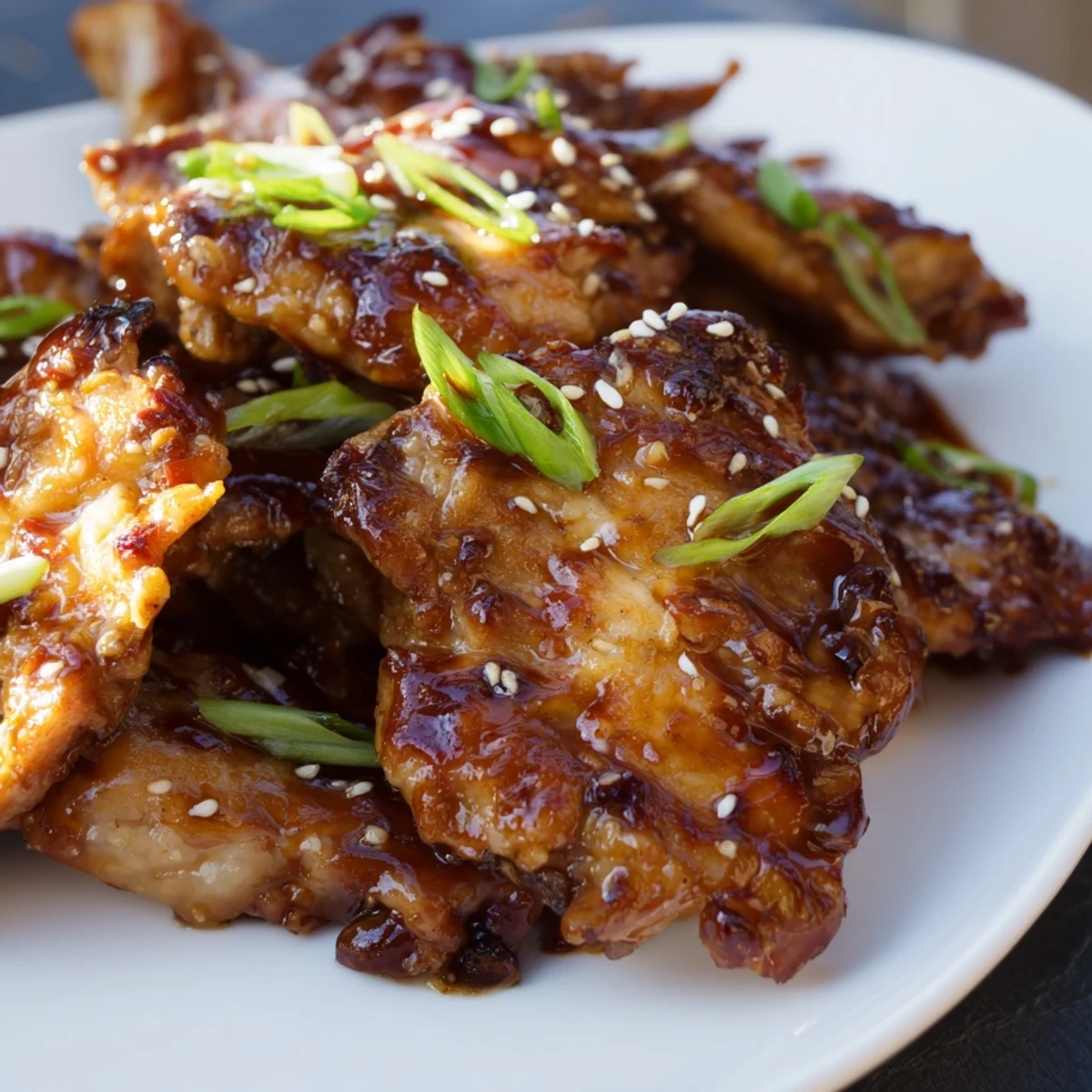Golden brown Mongolian chicken pieces coated in glossy sweet and savory soy ginger sauce