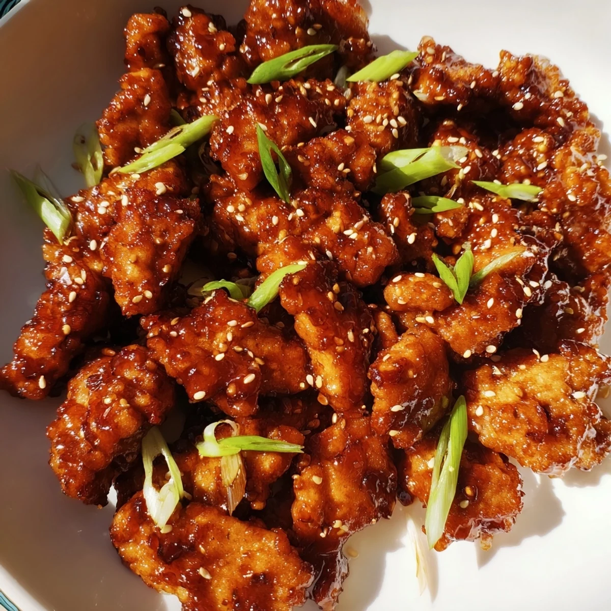Crispy Mongolian chicken tossed in rich brown sugar glaze with sesame seeds and green onions
