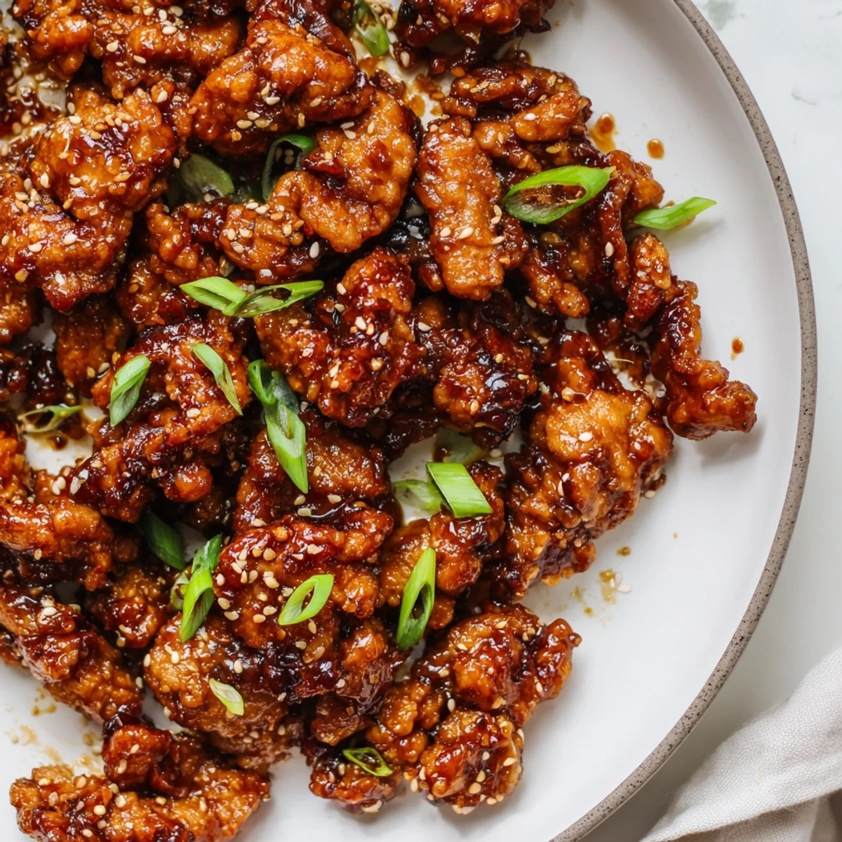 Steaming bowl of Mongolian chicken served over white rice garnished with fresh scallions