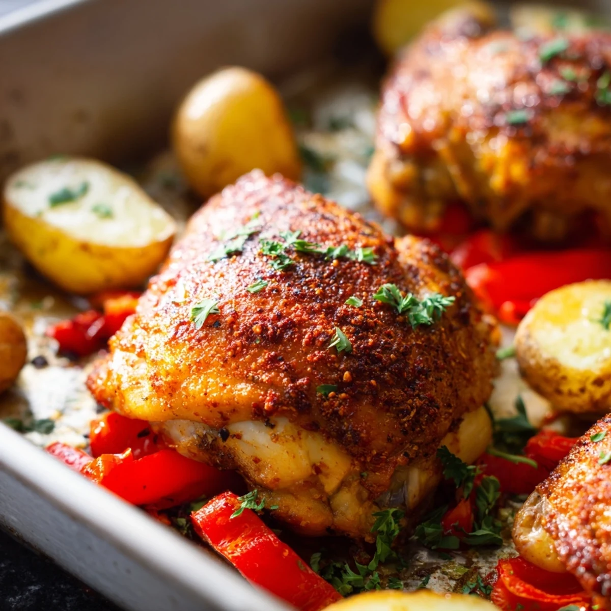 Golden sheet pan chicken and potatoes roasted with colorful vegetables and fresh herbs