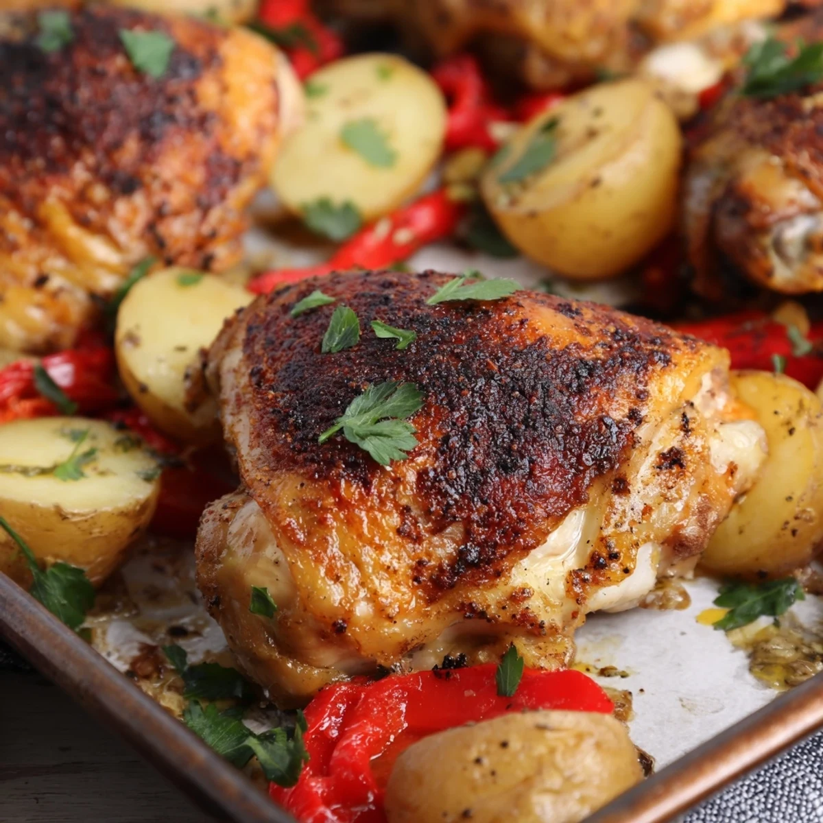 Crispy chicken thighs nestled alongside tender potatoes and bell peppers on a baking sheet