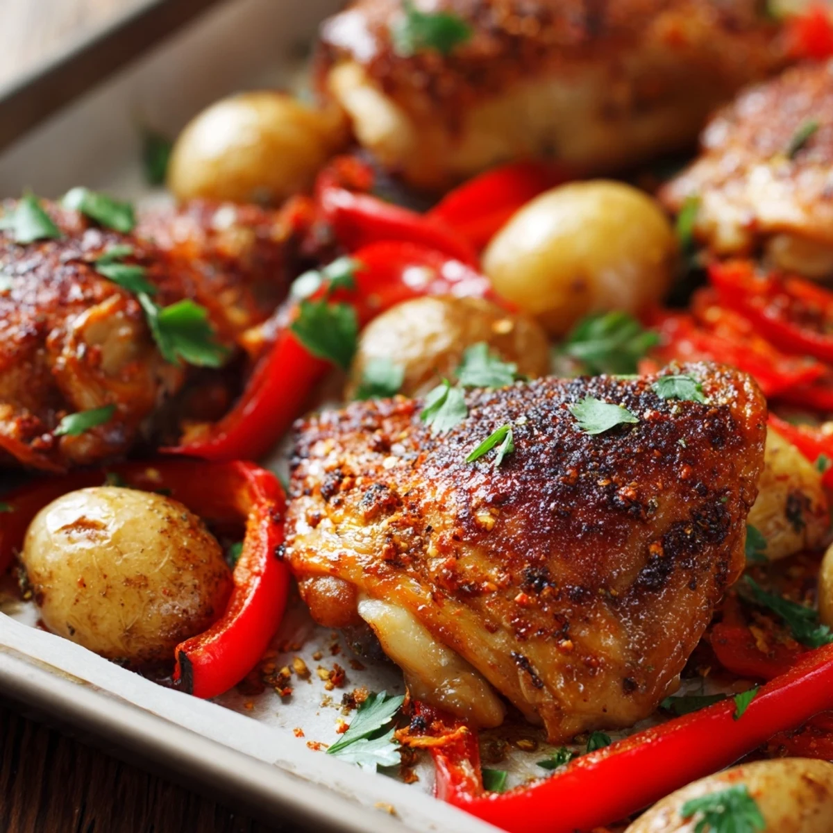 One-pan dinner featuring succulent roasted chicken with baby potatoes and aromatic spices