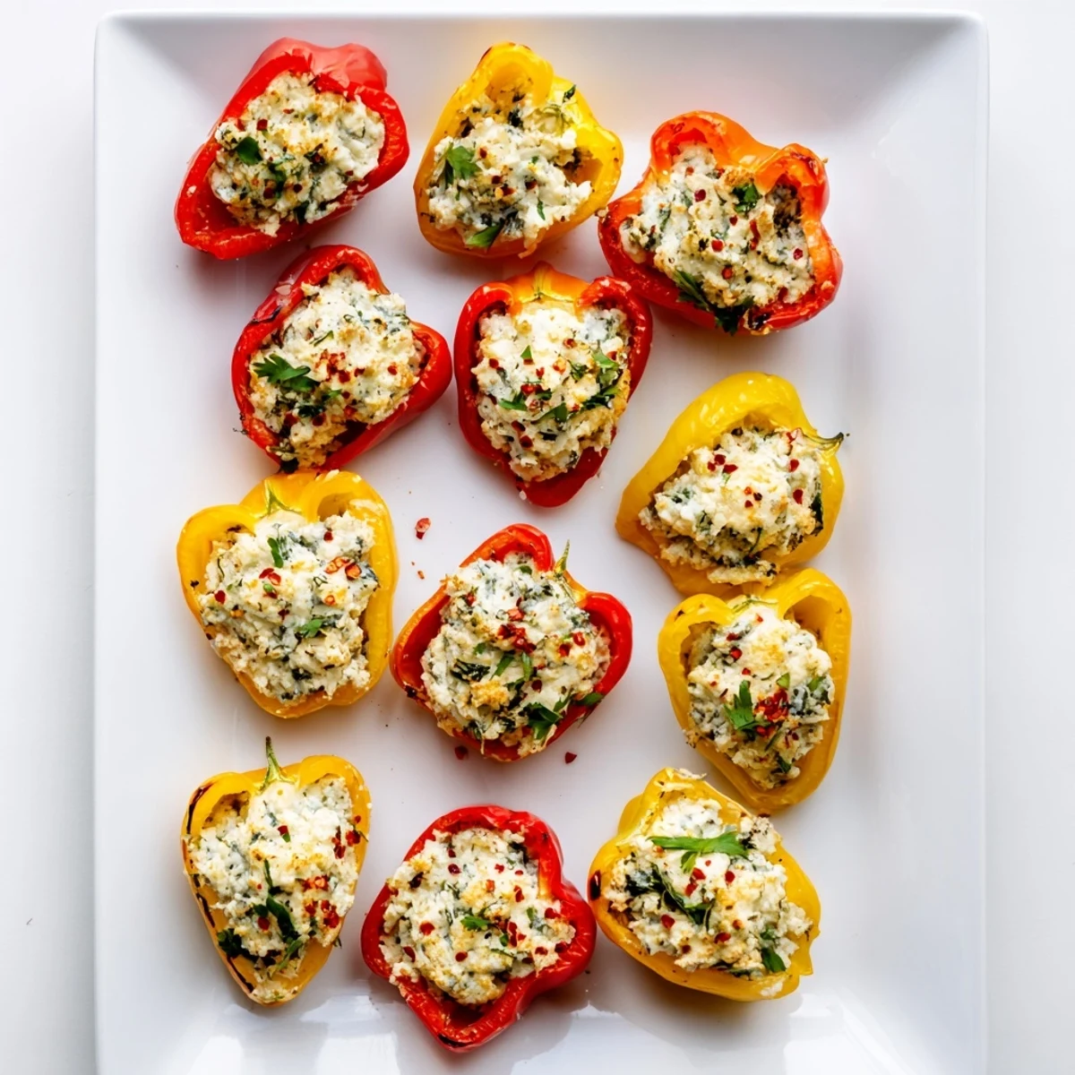 Golden air fryer cream cheese stuffed mini peppers arranged on a white serving platter