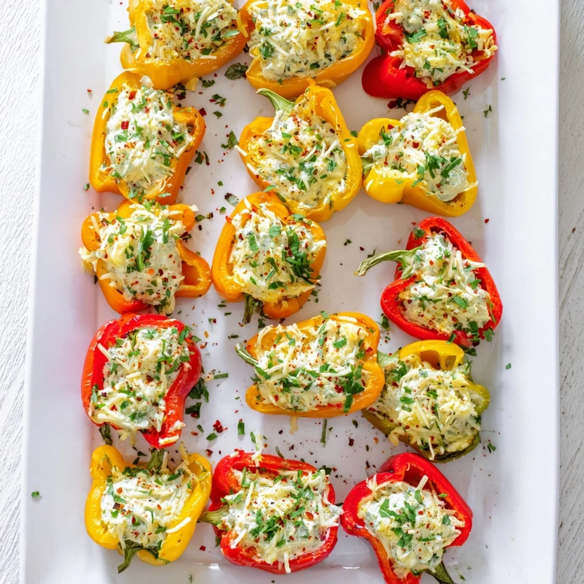 Colorful roasted mini peppers filled with savory cream cheese blend cooked to perfection