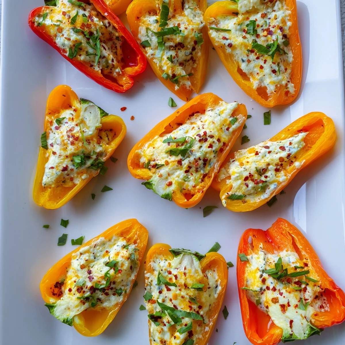 Crispy air fryer cream cheese stuffed mini peppers garnished with fresh green chives