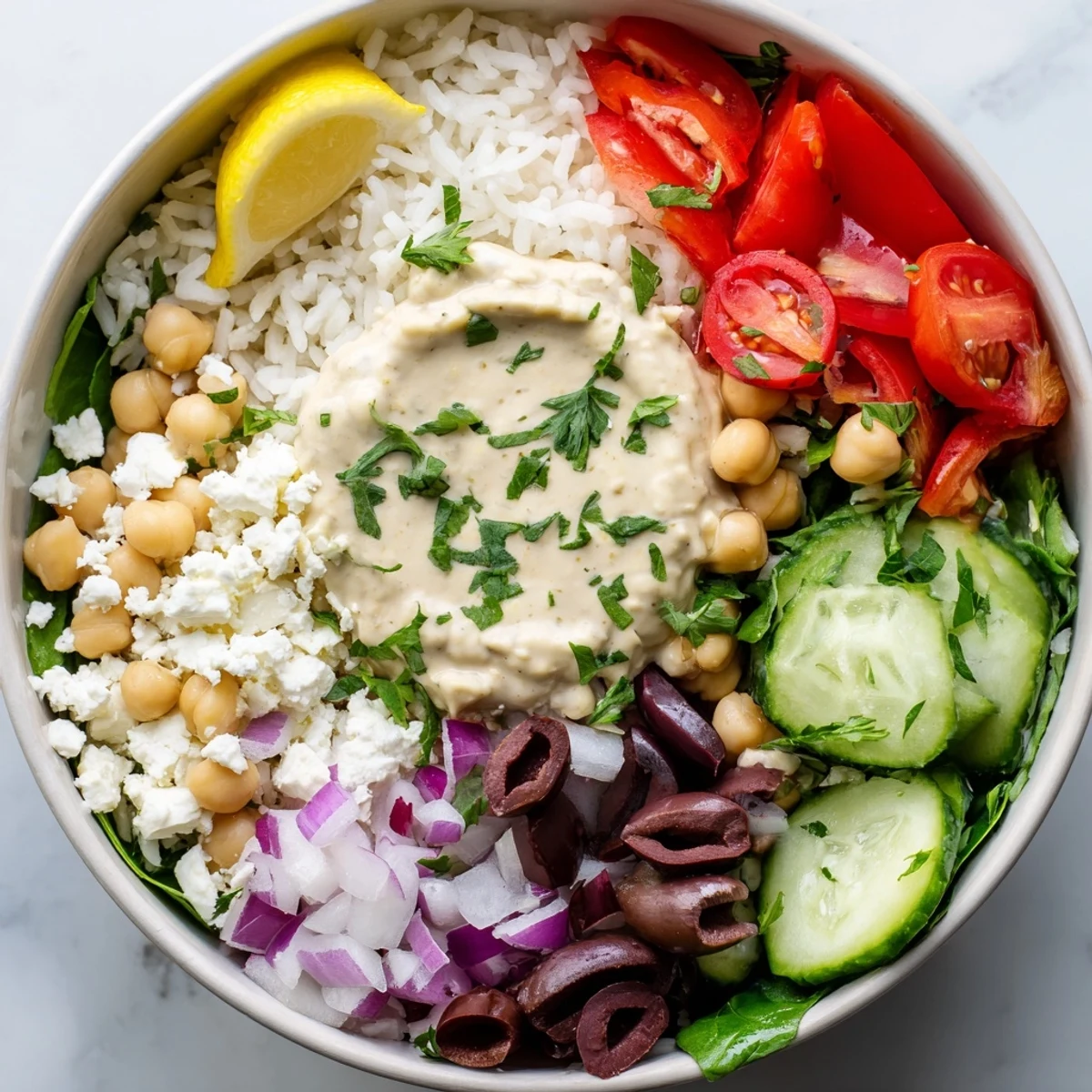 Colorful Mediterranean rice bowl topped with fresh vegetables, chickpeas, and creamy lemon-tahini drizzle