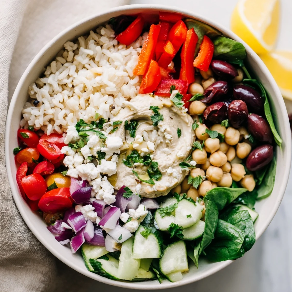 Healthy vegetarian Mediterranean rice bowl arranged with crisp veggies and feta cheese garnish