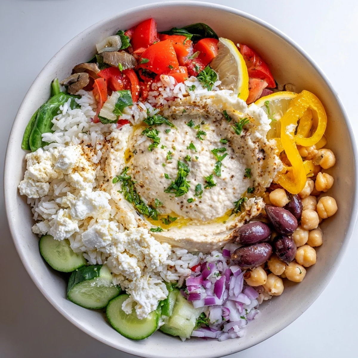 Fluffy rice Mediterranean bowl loaded with hummus, olives, and fresh parsley on white background