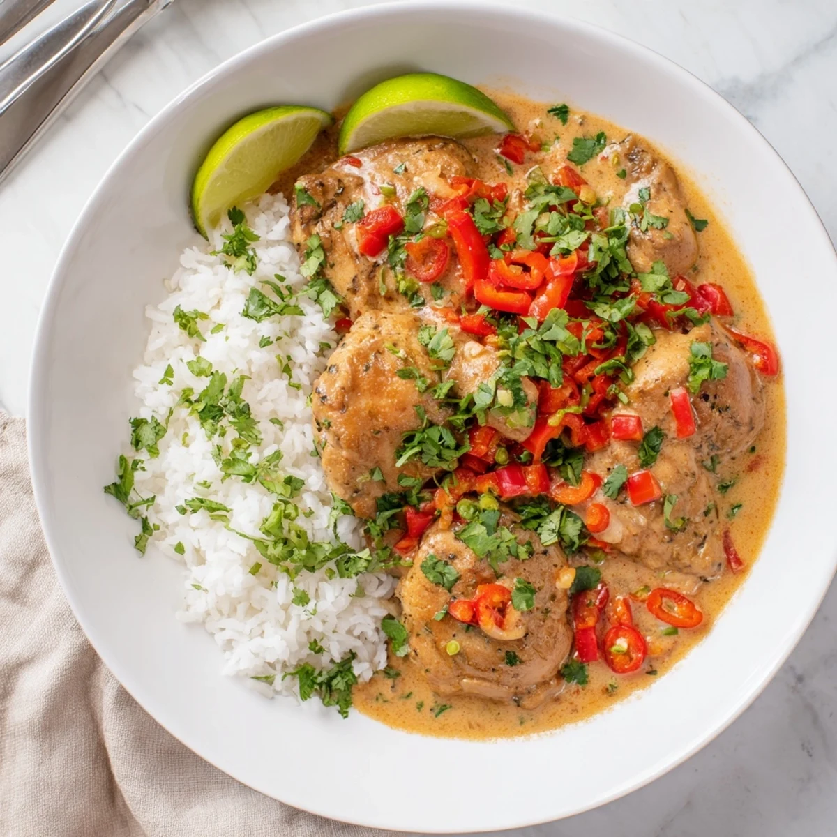 Golden chicken pieces simmer in rich coconut sauce with vibrant red and green peppers