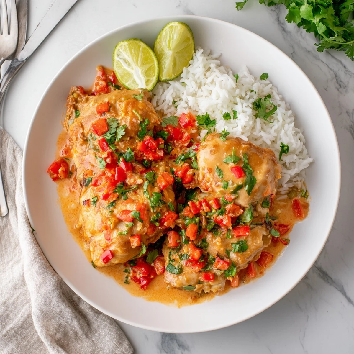 Creamy spicy Brazilian coconut chicken served with fresh cilantro and lime wedges on white plate
