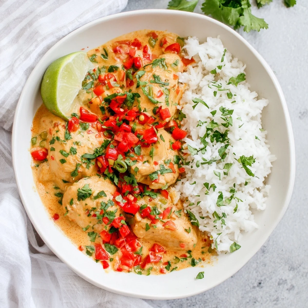 Tender chicken thighs in aromatic orange coconut milk sauce dotted with colorful bell peppers