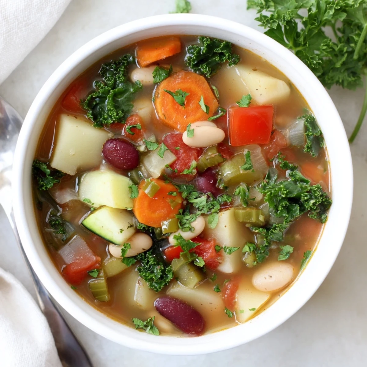 Steaming bowl of hearty vegetable and bean soup loaded with colorful tender vegetables