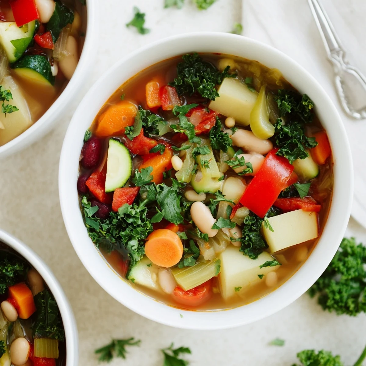 Rustic hearty vegetable and bean soup garnished with fresh parsley in a white bowl