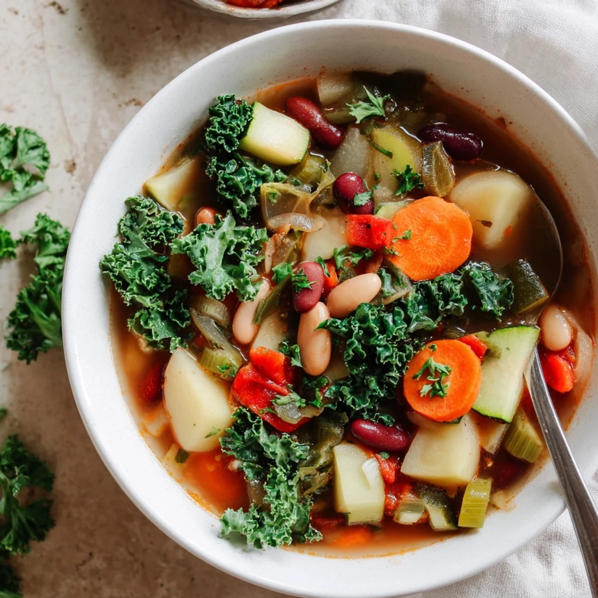 Spoonful of hearty vegetable and bean soup showcasing kidney beans, potatoes, and wilted kale