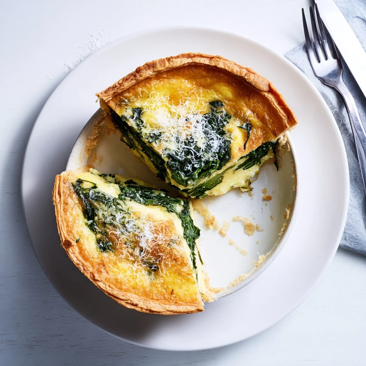 Savory egg pie with silverbeet and ricotta sliced to reveal creamy Swiss chard filling inside golden pastry