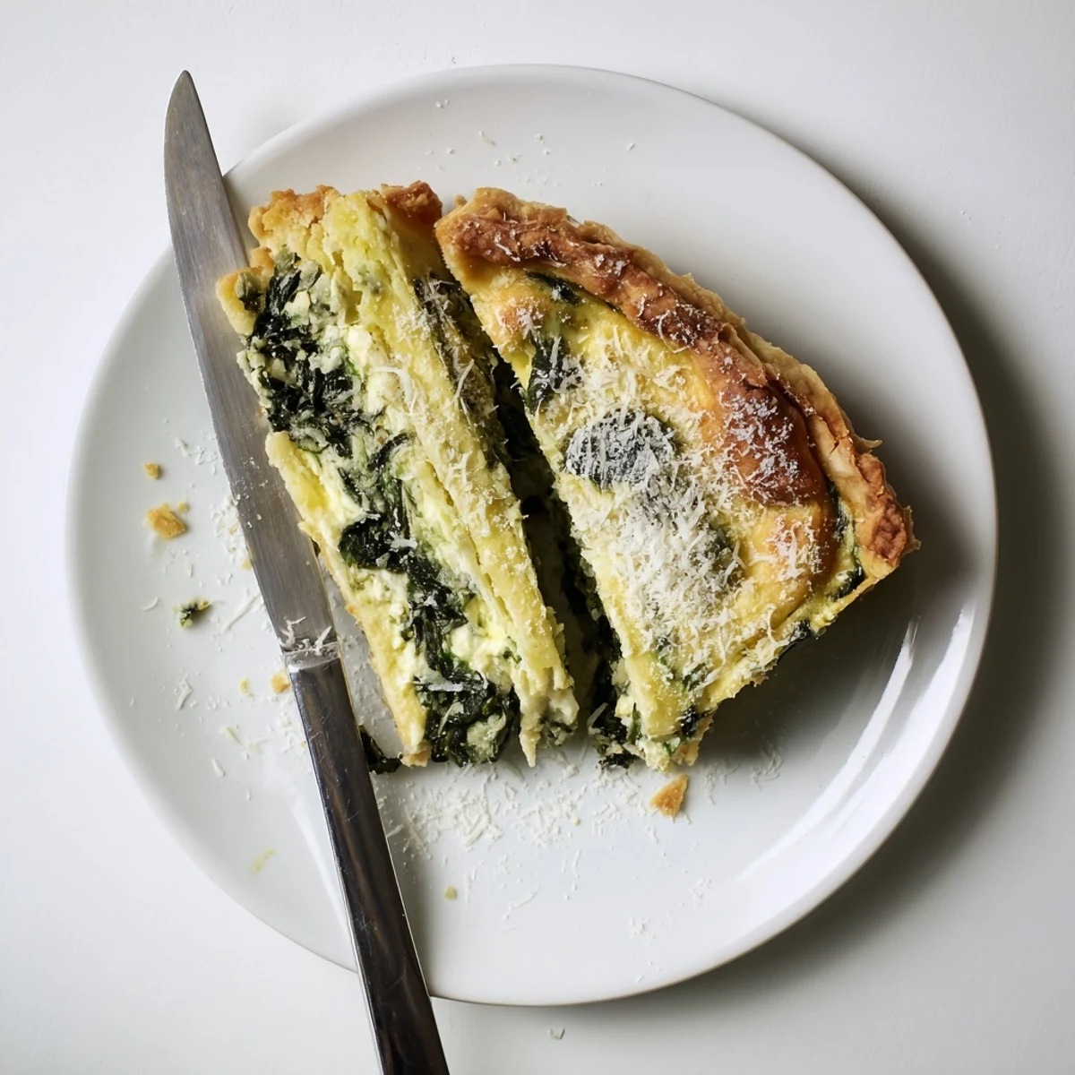Homemade egg pie with silverbeet and ricotta baked until golden with tender greens and cheesy egg custard