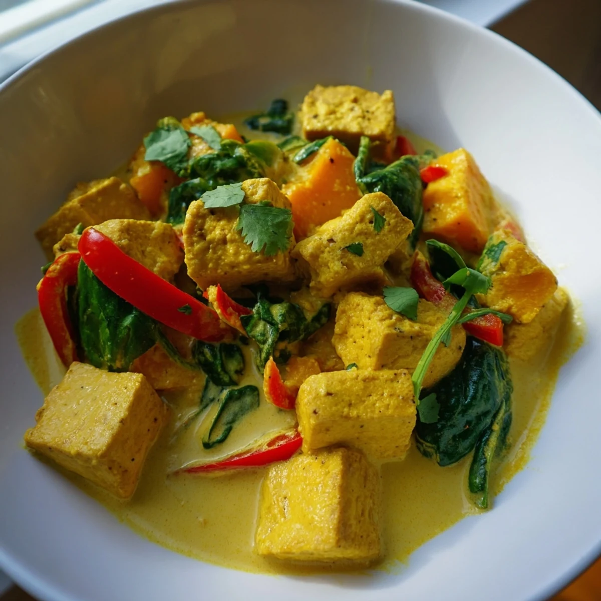 Creamy vegetarian pumpkin tofu curry served in a bowl with fresh cilantro garnish