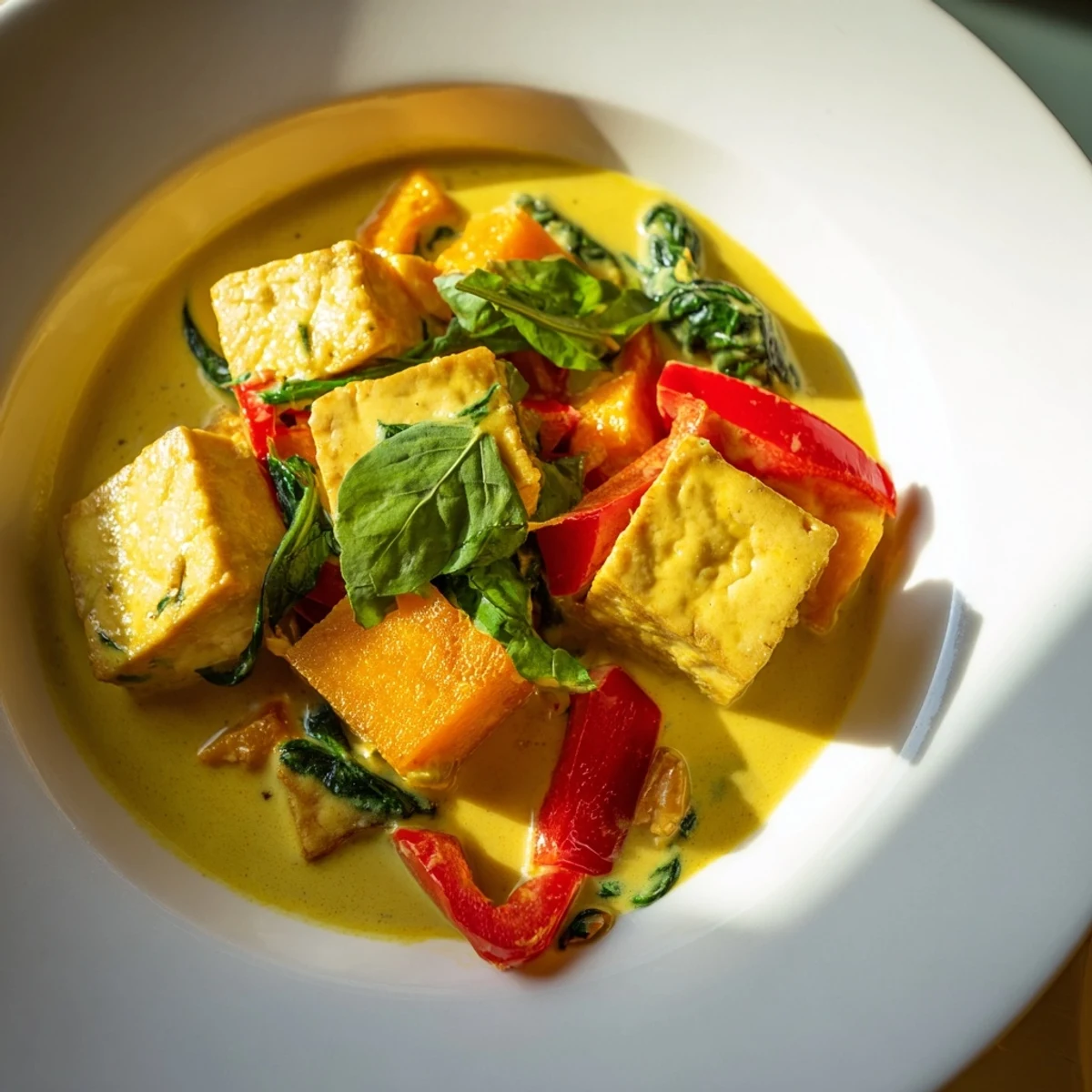 Steaming bowl of fragrant vegetarian pumpkin tofu curry topped with lime wedges and spinach