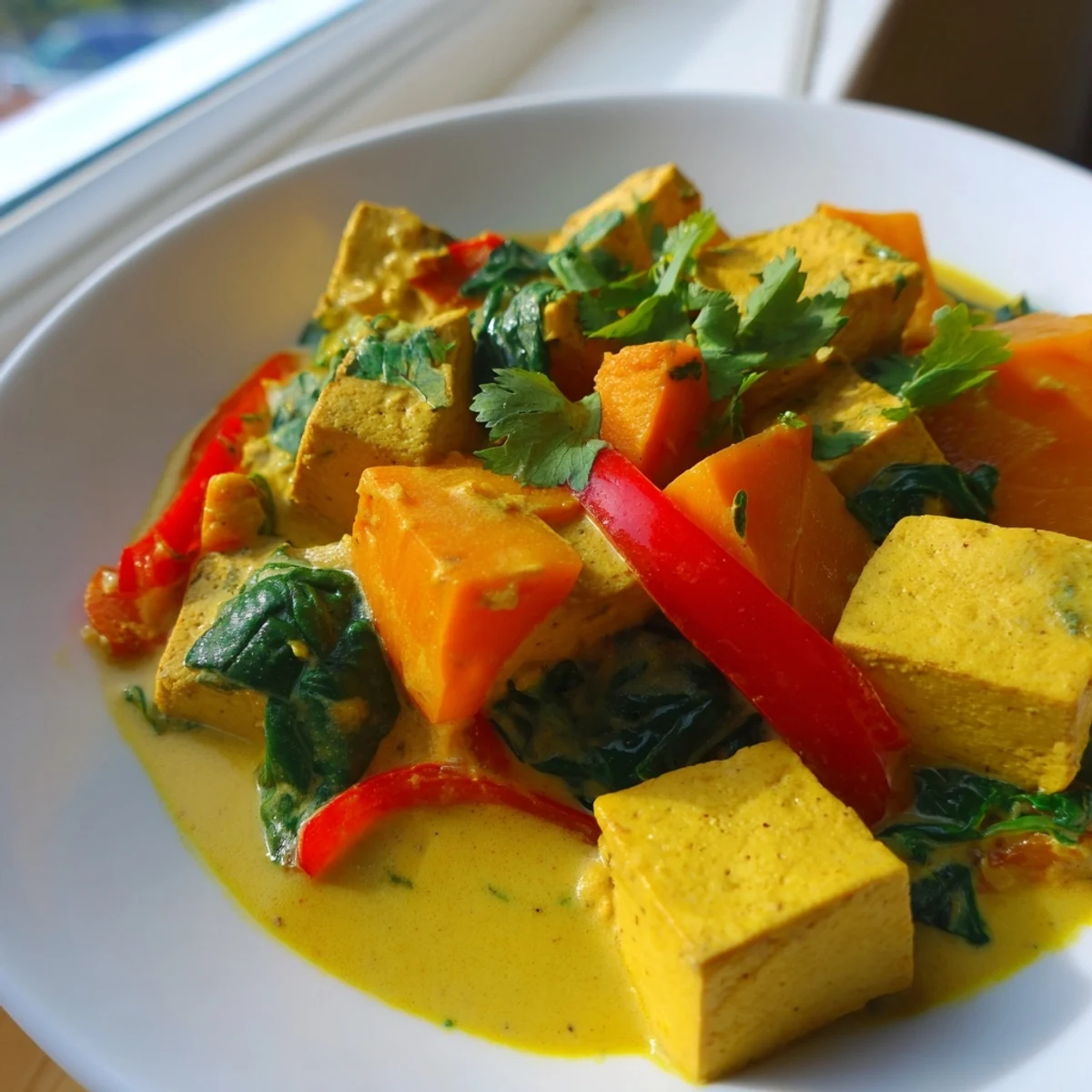 Golden fried tofu cubes nestled in spiced pumpkin curry with vibrant red pepper