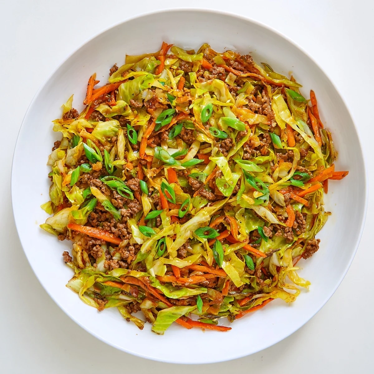 Savory ground beef and cabbage stir fry served in a white bowl garnished with fresh green onions