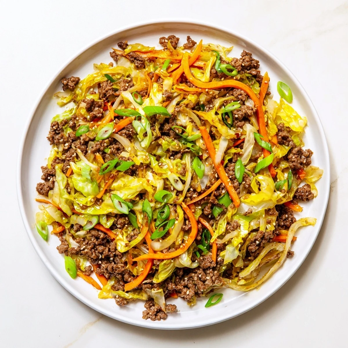 Tender browned ground beef mixed with crisp cabbage slices in a glossy Asian-style sauce