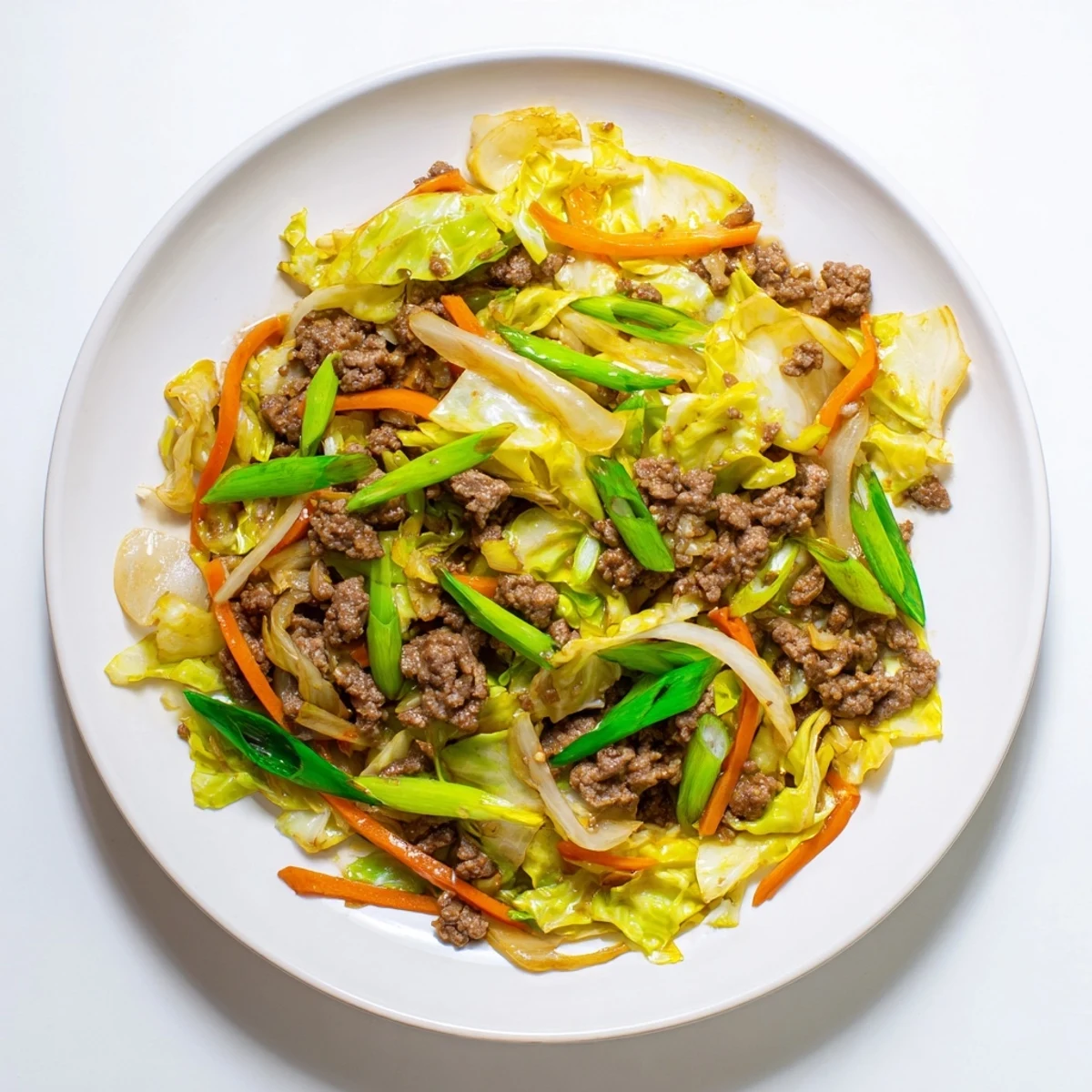 Quick weeknight ground beef and cabbage stir fry plated with steamed white rice on the side