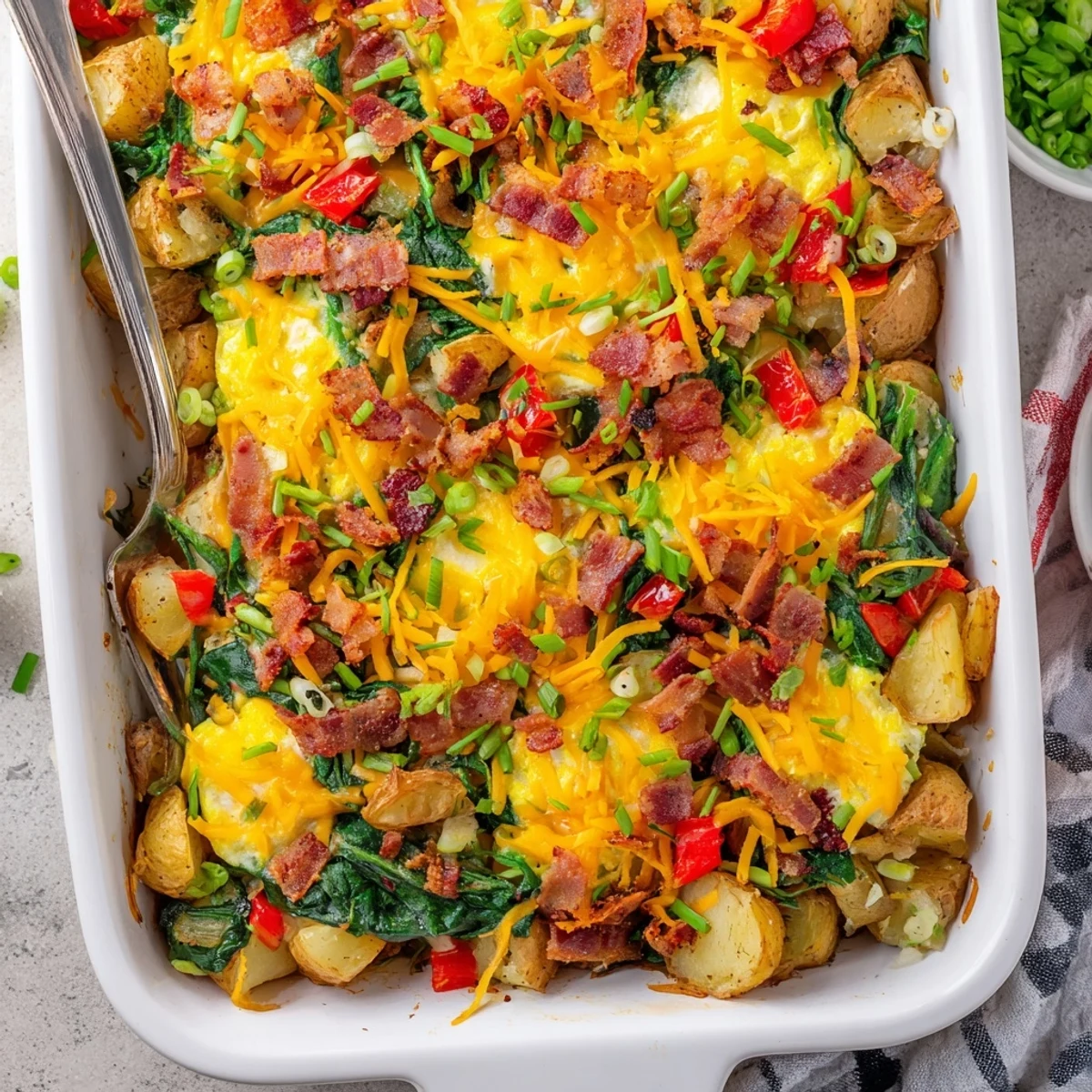 Golden baked brekkie bake casserole with crispy bacon eggs and melted cheese