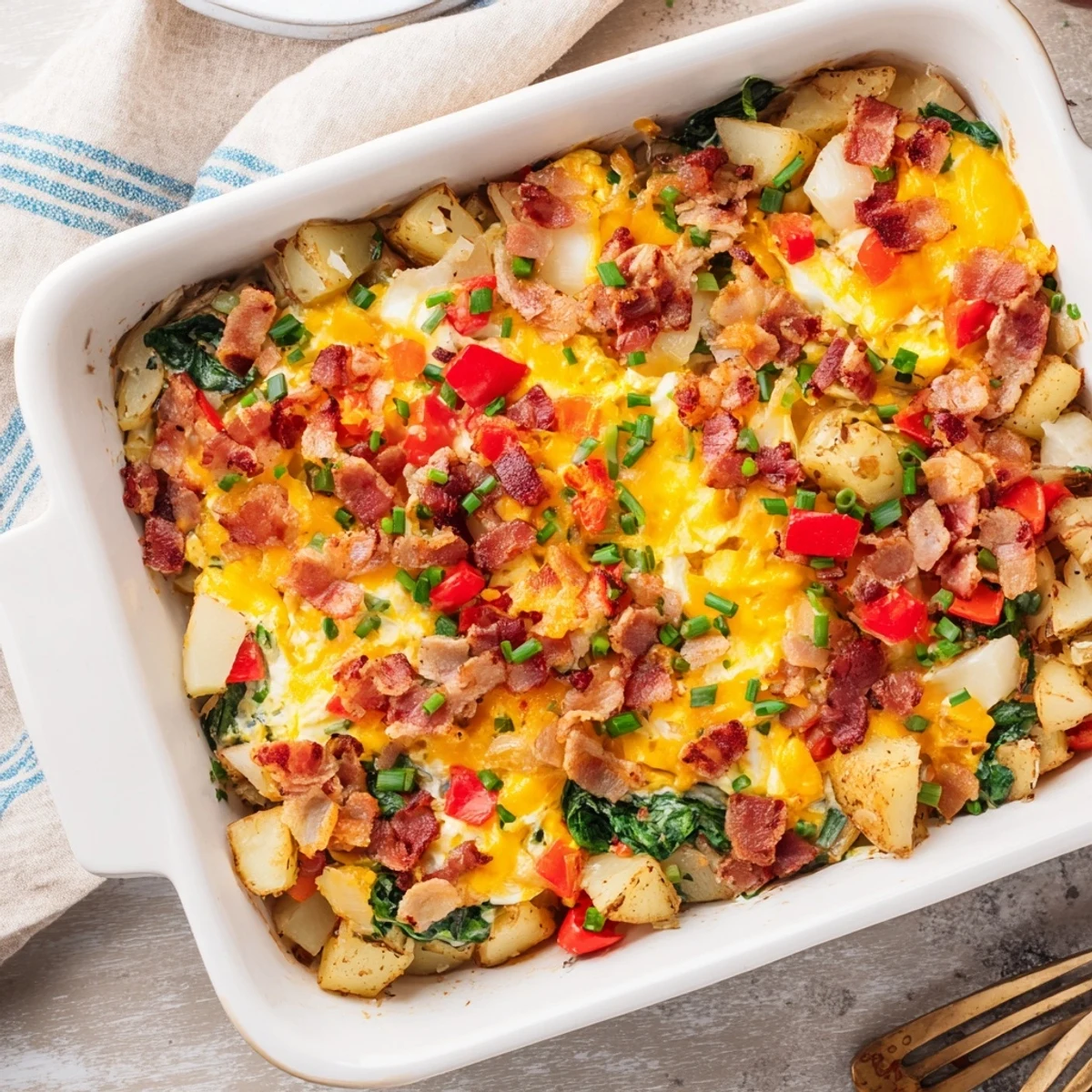 Hearty breakfast for dinner dish featuring fluffy eggs potatoes and savory bacon