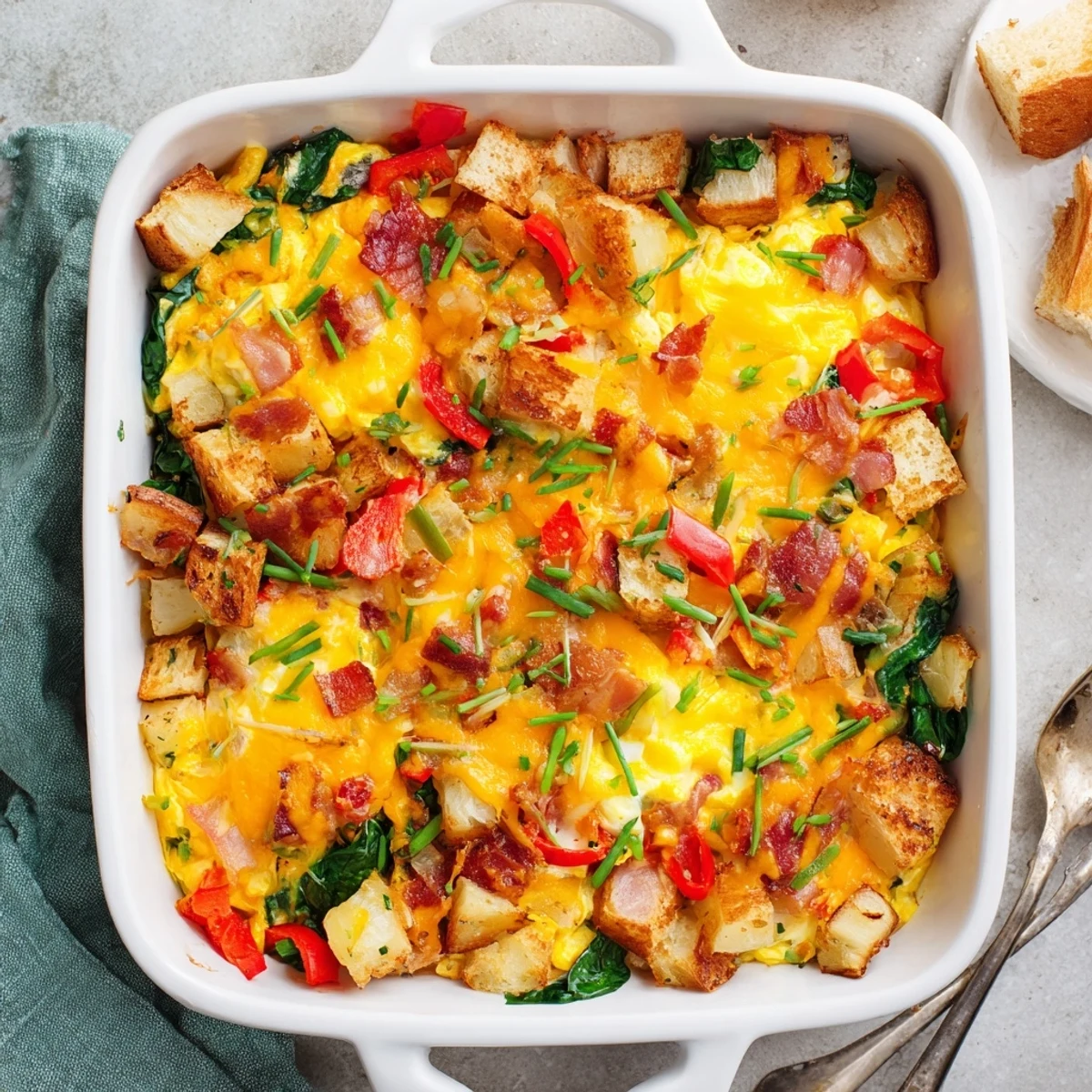 Family-friendly brekkie bake with colorful vegetables golden top and gooey cheddar cheese