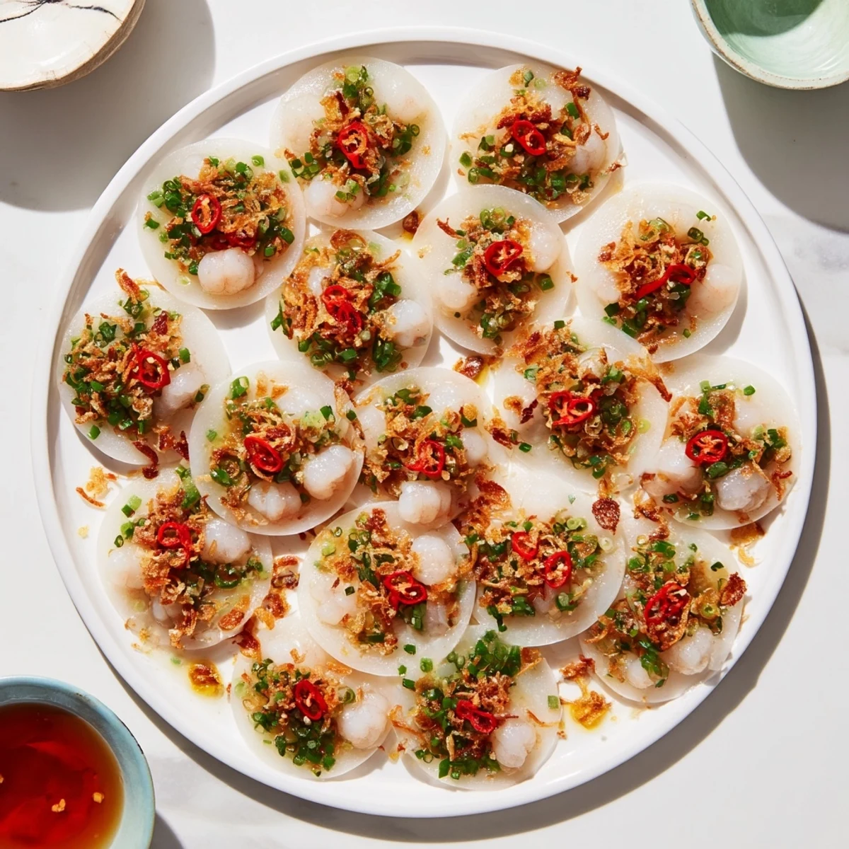 Traditional Vietnamese Banh Beo appetizer featuring crispy shallots and seasoned shrimp on delicate translucent rice cakes