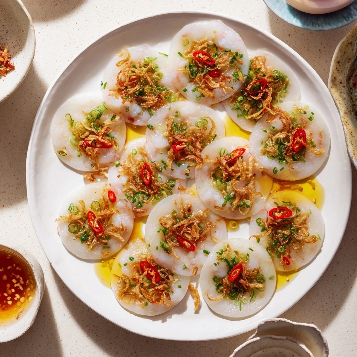 Golden shrimp and scallion garnish atop steamed Banh Beo rice cakes served with tangy lime dipping sauce