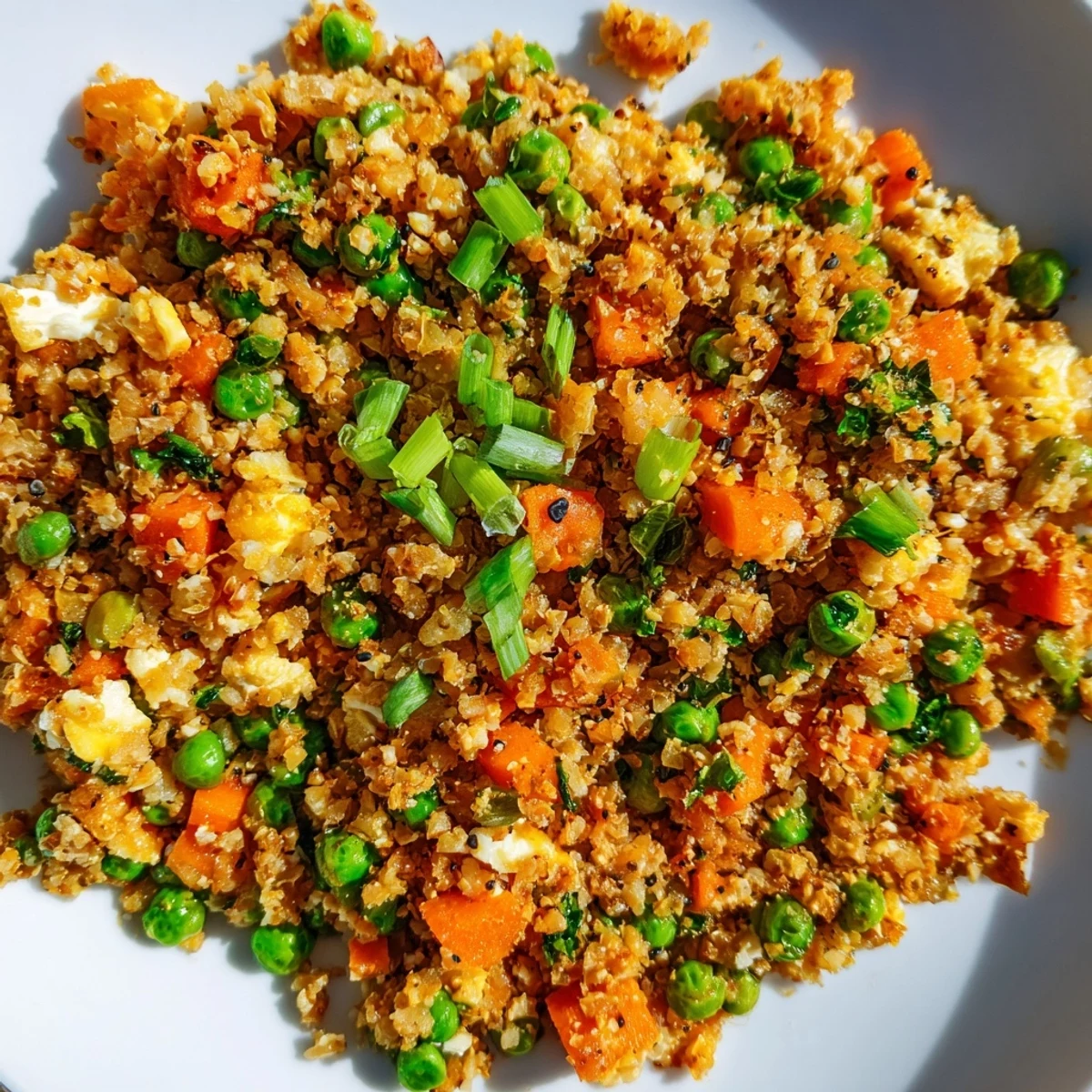 Golden cauliflower fried rice in a white bowl garnished with fresh green onions and colorful vegetables