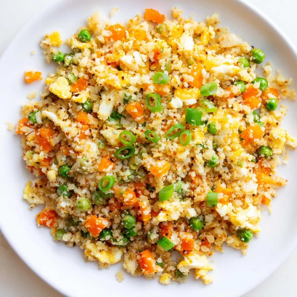Close-up of healthy cauliflower fried rice featuring fluffy grated cauliflower, carrots, and peas in a skillet