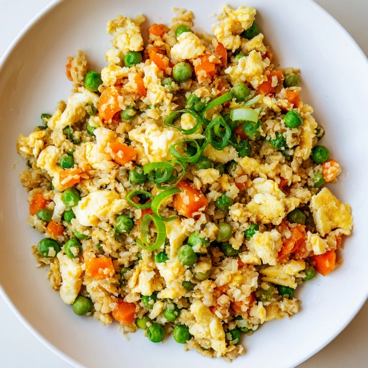Wok full of low carb cauliflower fried rice being tossed with scrambled eggs and tender peas