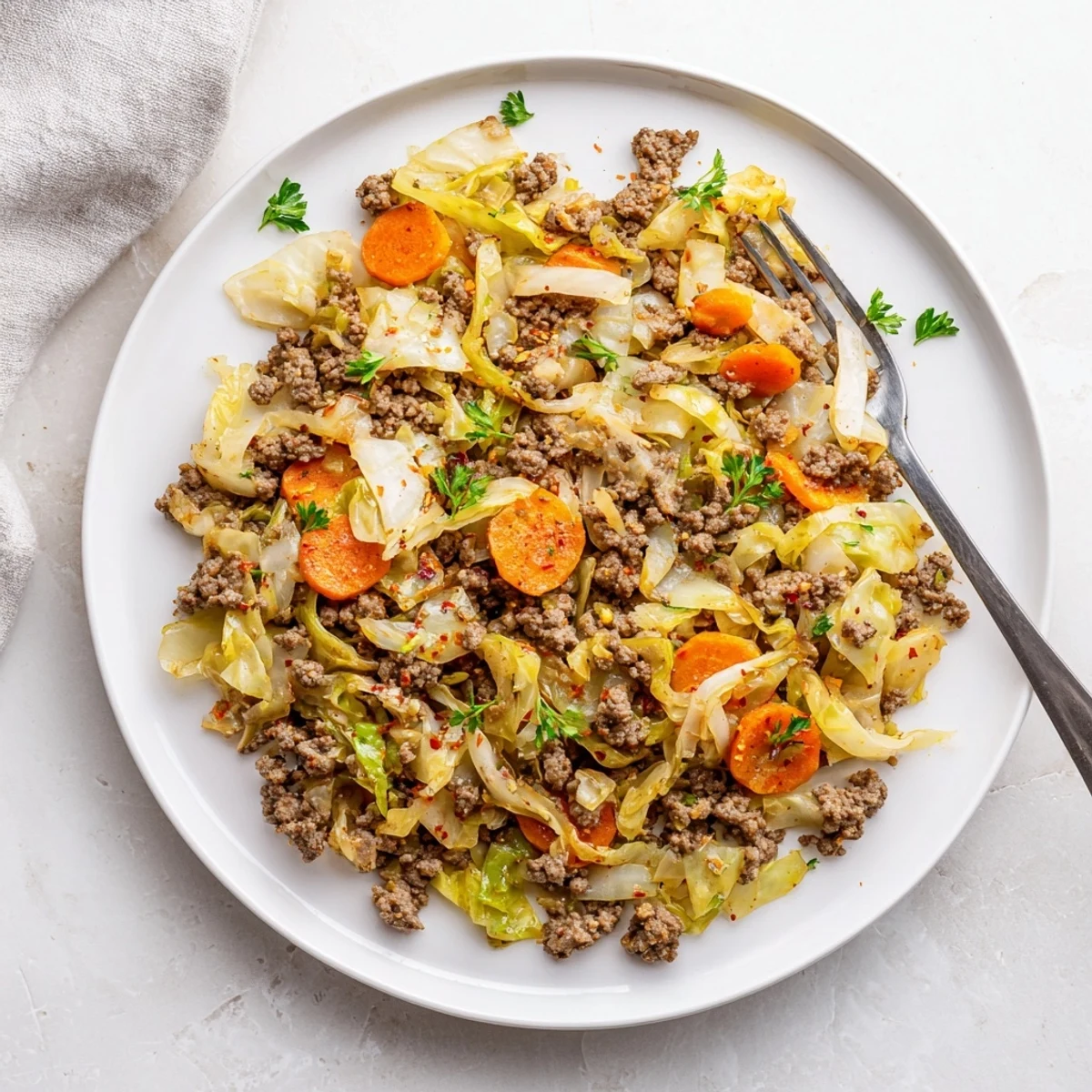 Savory Irish ground beef and cabbage skillet featuring tender vegetables and aromatic seasonings in a rustic iron pan