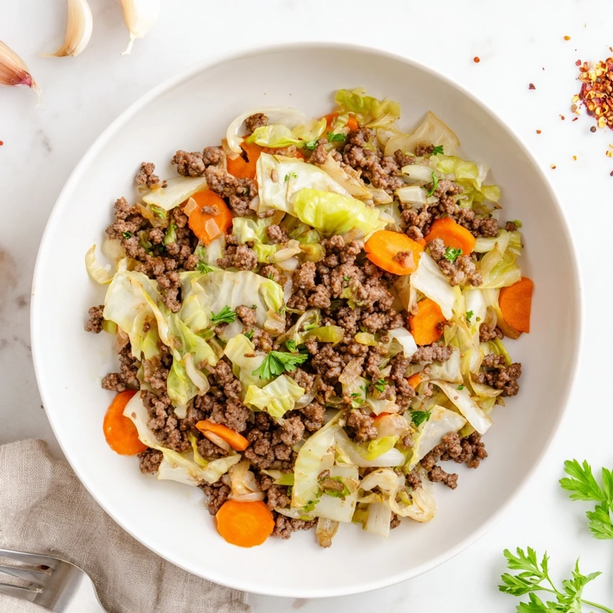 Hearty one-pan Irish ground beef and cabbage dish garnished with fresh parsley and ready for a comforting family dinner