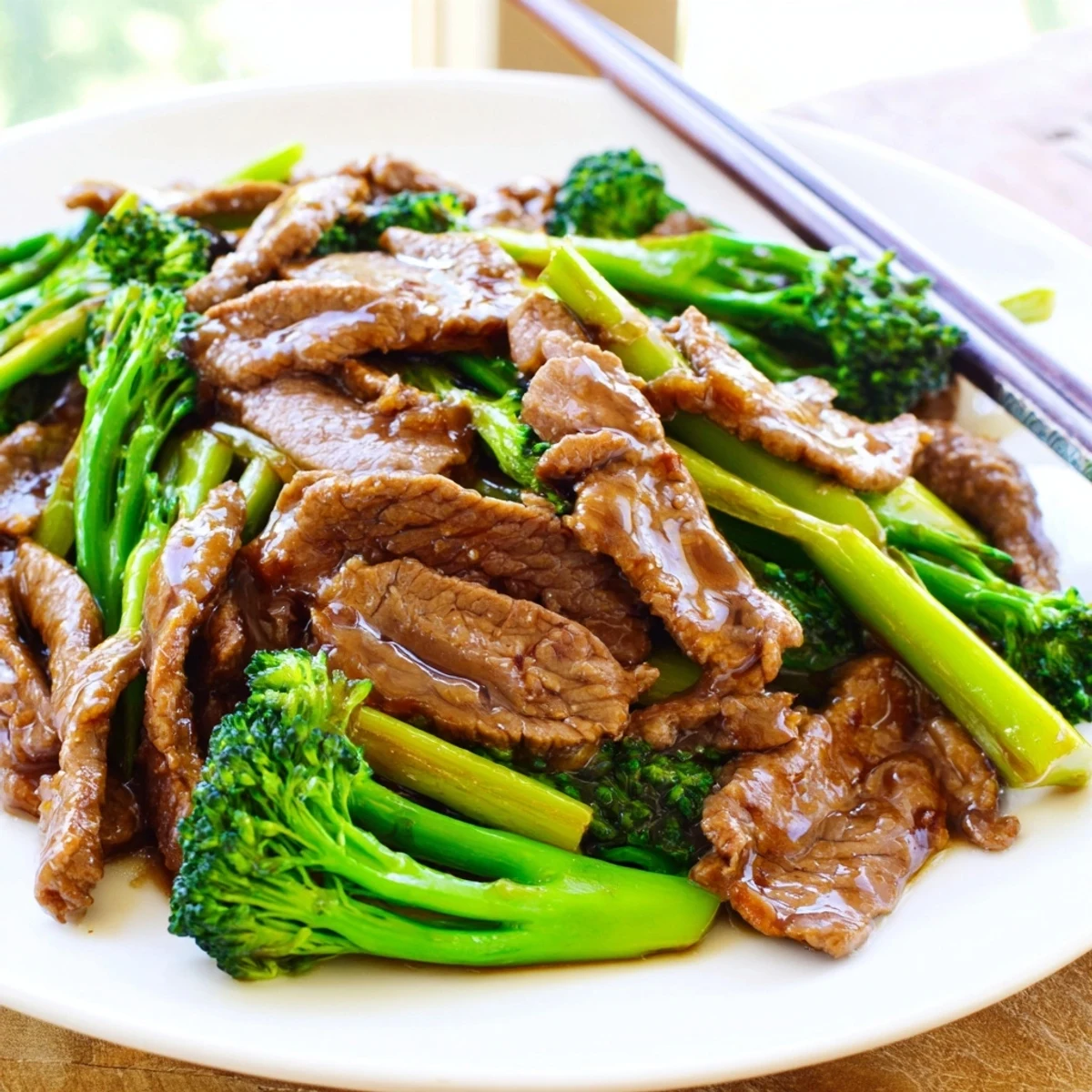 Golden slices of flank steak and bright green broccoli florets coated in glossy brown sauce