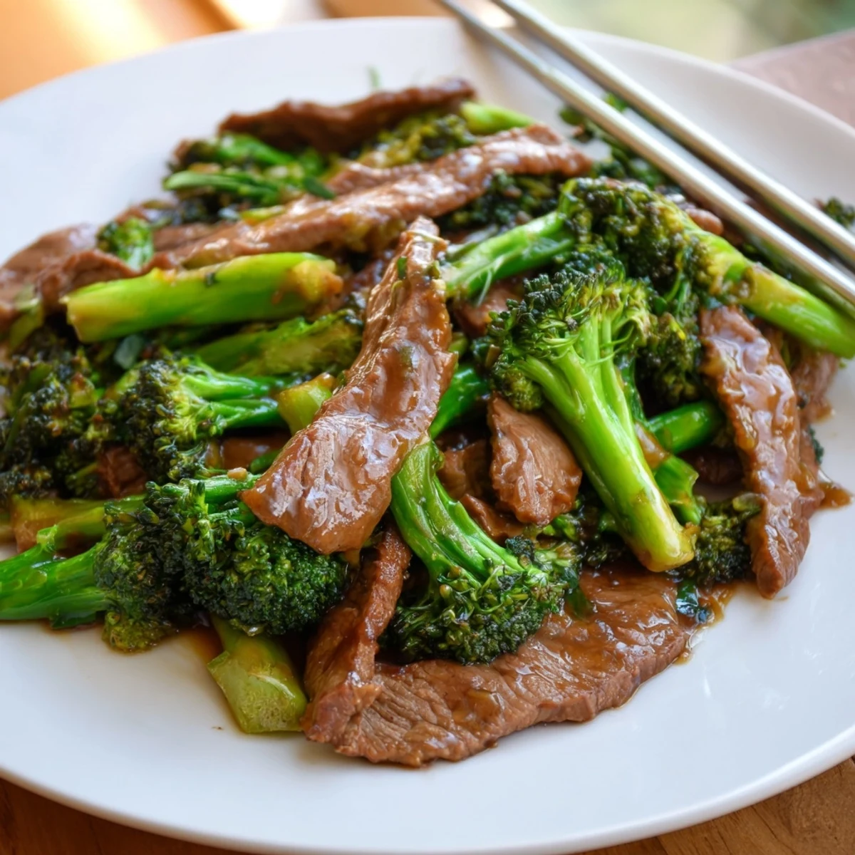 Tender beef strips with crisp broccoli in rich dark sauce garnished with fresh scallions