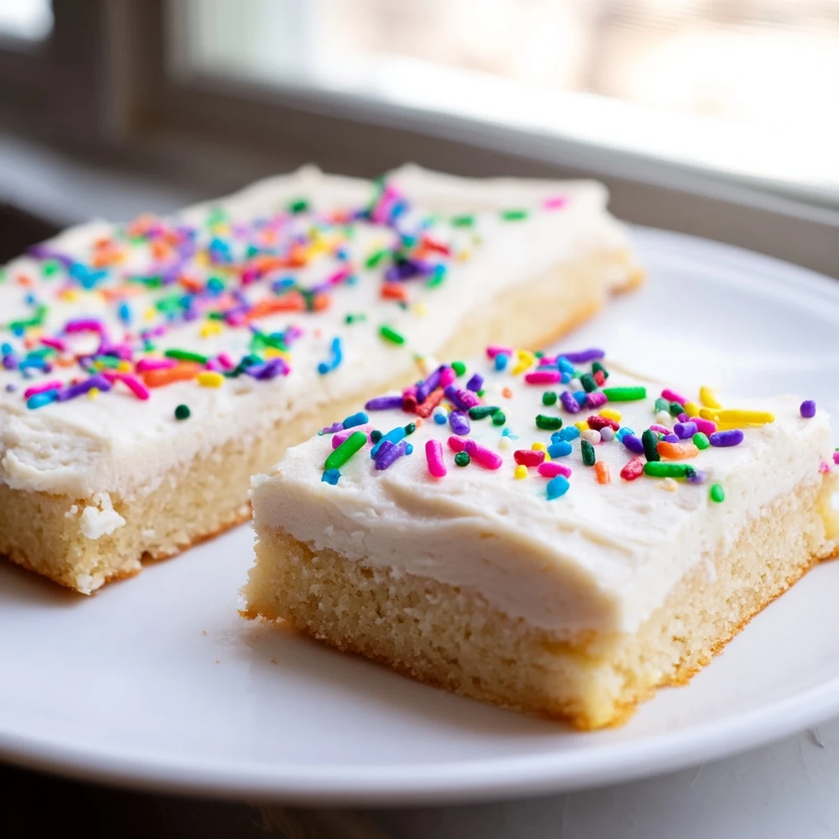 Soft golden sugar cookie bars topped with fluffy white vanilla frosting and colorful sprinkles on a white serving plate
